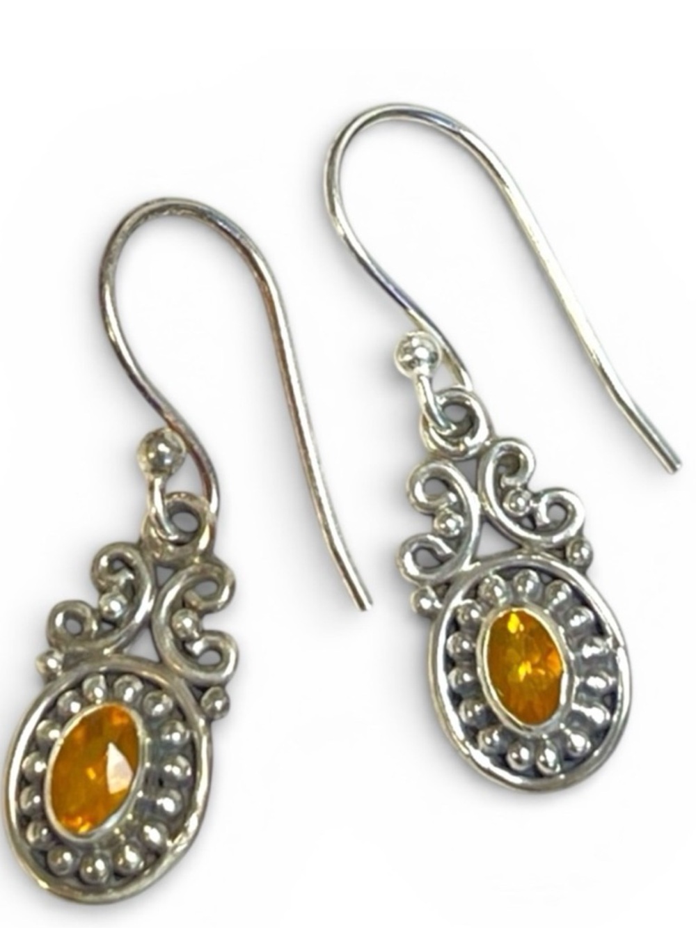 925 Sterling Silver Amber Filigree Dangle Earrings Vintage Boho